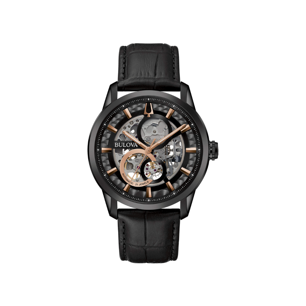 Bulova Uomo Sutton Skeleton Nero con cinturino in pelle Nero 98A283