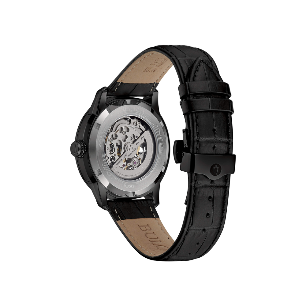 Bulova Uomo Sutton Skeleton Nero con cinturino in pelle Nero 98A283