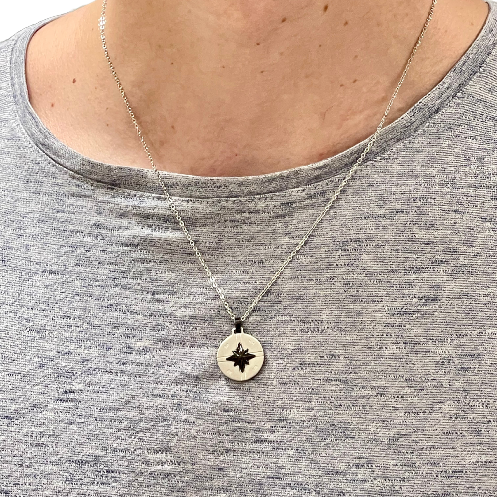 Collana in argento e acciaio a maglia con rosa dei venti - rif. C1212E
