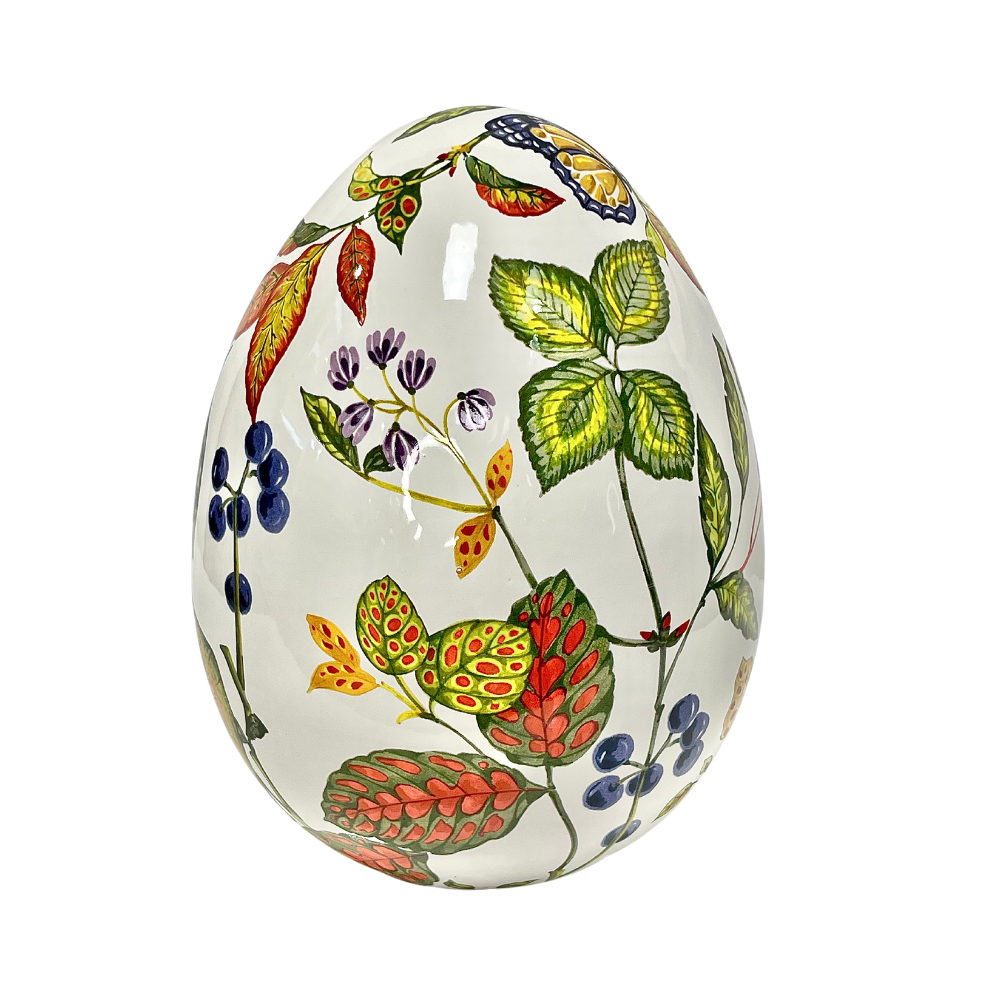 Uovo small Porcellana LEDA DESIGN dipinto a mano con piante e farfalle colorate - rif. ART 24 Botanico
