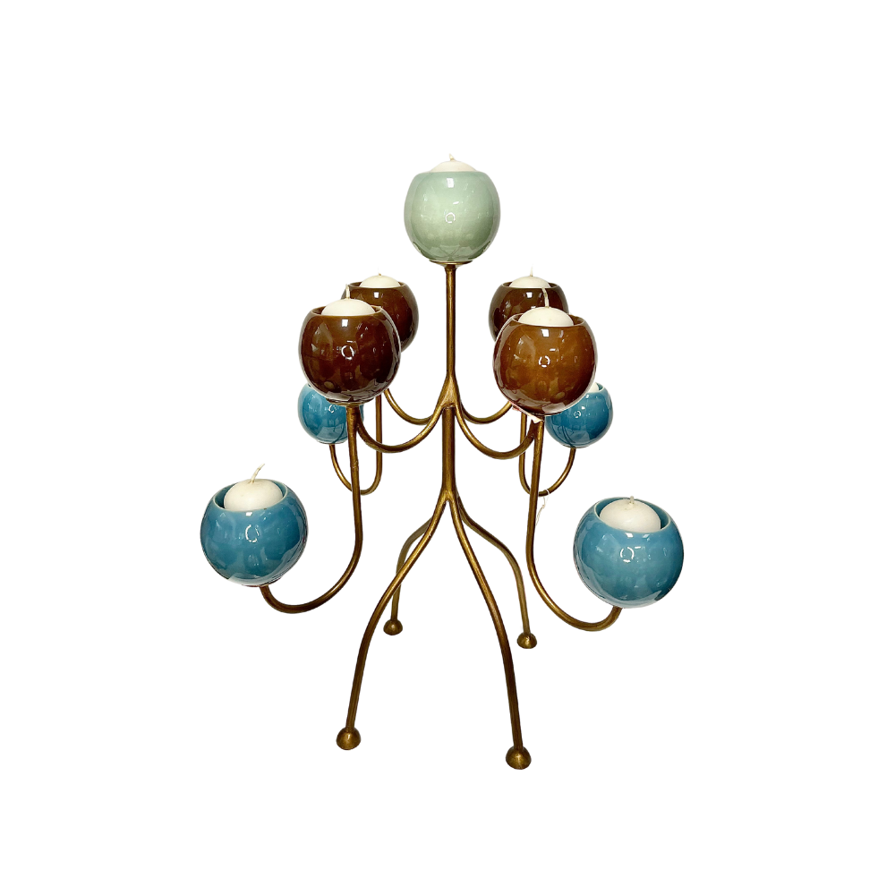 Candelabro Lucilla in ferro battuto con porta candele colorate in porcellana - rif. D3PO