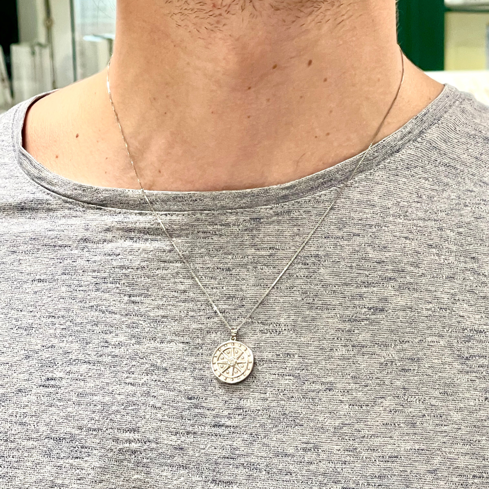 Collana in acciaio a maglia fina con rosa dei venti argento - rif. C2512E