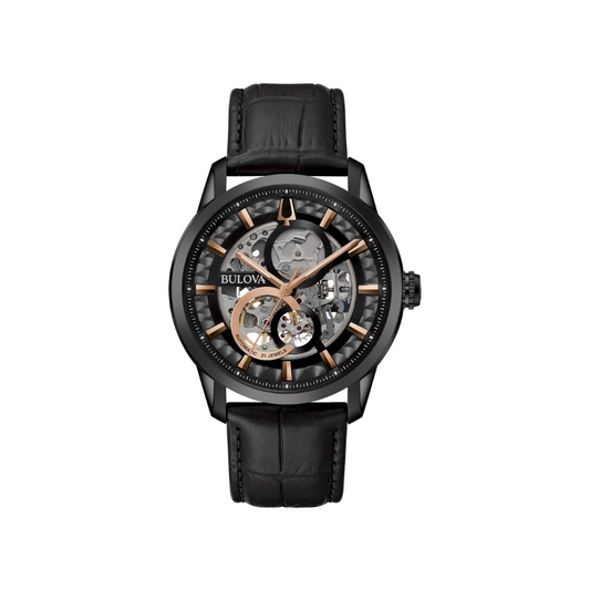 Bulova Uomo Sutton Skeleton Nero con cinturino in pelle Nero 98A283
