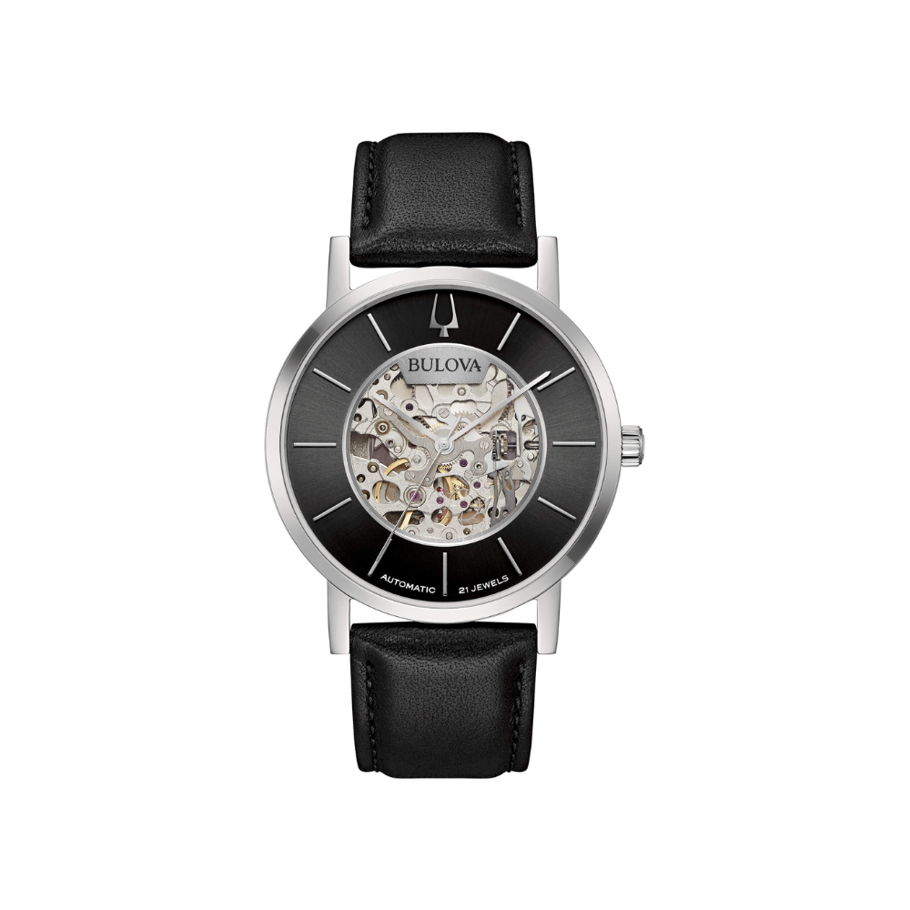 Bulova Uomo Clipper Skeleton Nero con cinturino in pelle nero 96A279