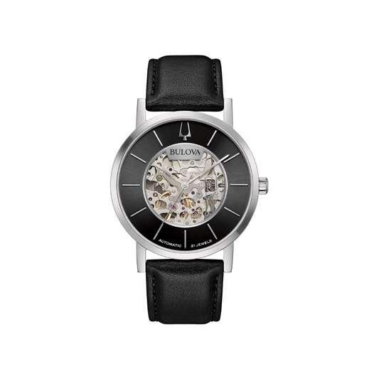 Bulova Uomo Clipper Skeleton Nero con cinturino in pelle nero 96A279