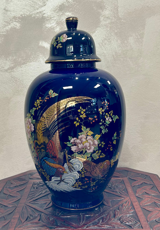 Potiche Vintage in Porcellana Blu Cobalto con Decori Floreali e Fagiani in Oro – Stile Giapponese Kutani